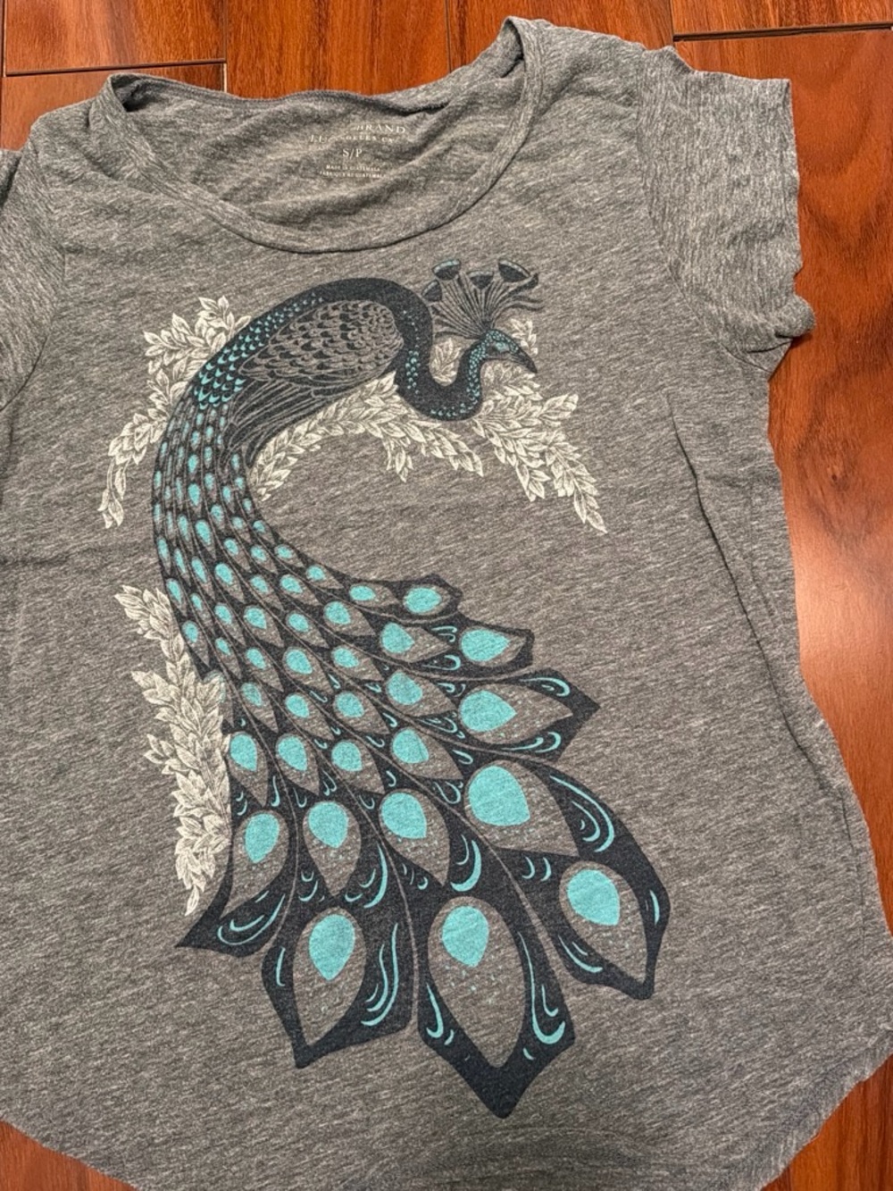 Lucky Brand Gray Tee with Teal and Black Peacock Graphic